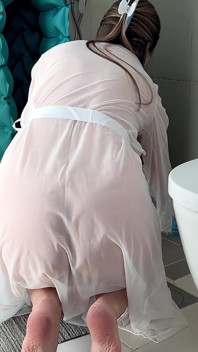 Stepmom Cleans the Bathroom in Her Sheer Dress. Slowly