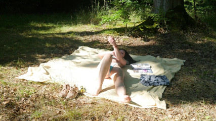 Peaches and Bananas: Naked Charlie sunbathing on a nude beach