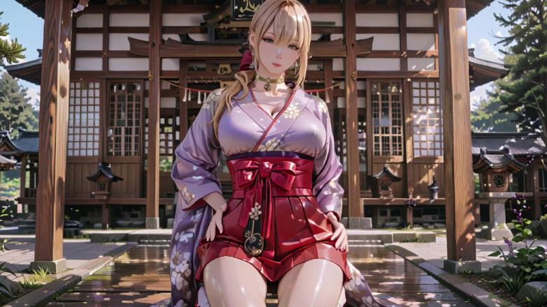 Seraphina Vale: Deusa loira no corredor japonês, olhares preguiçosos, mão nos quadris,...