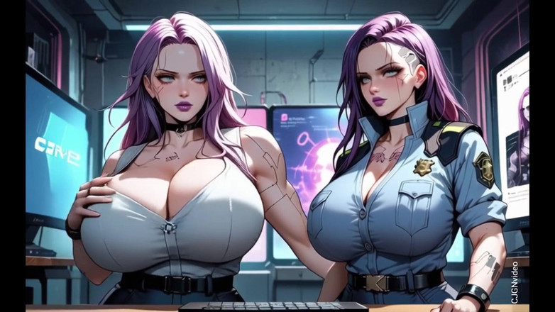 Hot girl dancing: Två Cyberpunk -kvinnor tar av sig kläder och kysser, (ai animation)