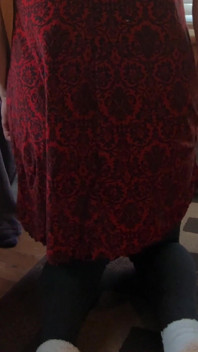 Daphne Fitting Room Teasing in a Red Dress and Leggings