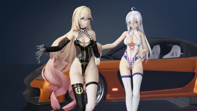 MikuMotion: [mmd] 弱音and幽兰戴尔chocolate Cream 黑丝白丝赛车体操服 双人脱衣舞