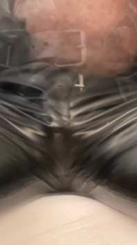 Black Leather Vibrating Toy Cock Fondle & Nipple Play