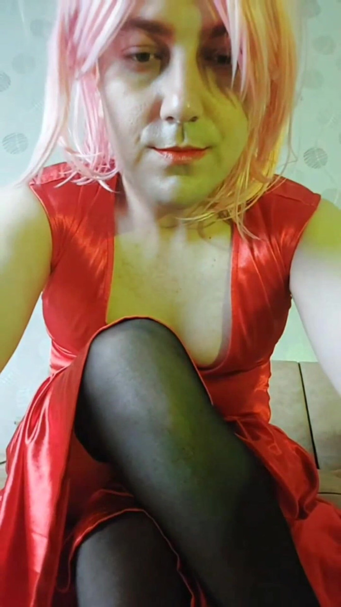 Kitty_Cross: Red Dressed Sexy Cute Young Femboy with Pretty Boobs