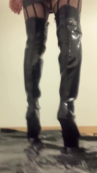 라텍스 하이힐 허벅지 하이 부츠