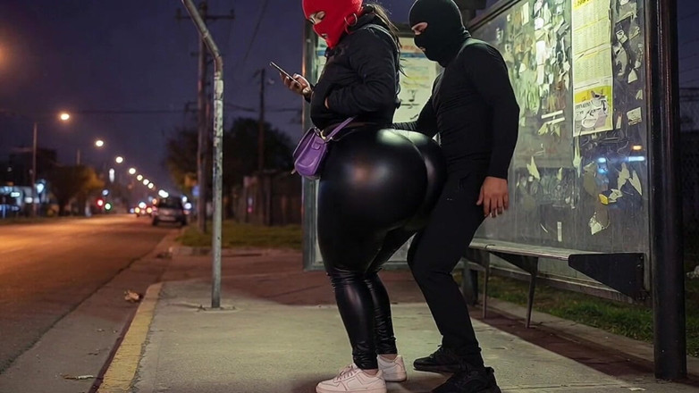Animate golden: Big Ass Latina in Tight Leather Pants at Bus Stop...