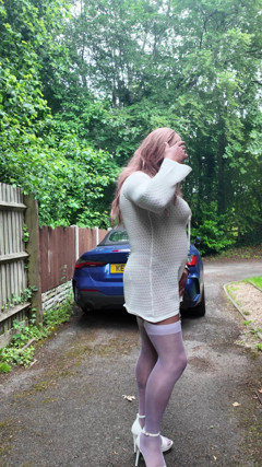 Crossdresser Kellycd in White Dress Stockings and Heels thumbnail