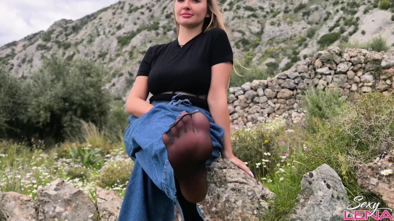 Goddess Lena: Greek Mountain Wild Footjob with Sweaty Nylon Feet - Outdoor Cum...