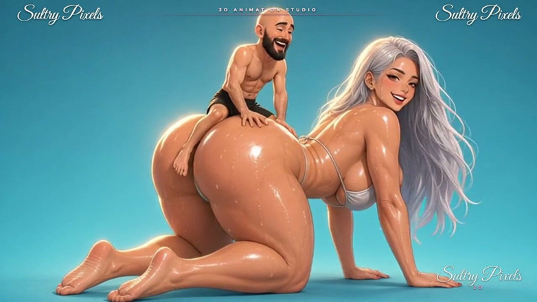 Sultry Pixels 3D: Срібляста аніме-гігантка на четвереньках дає своєму крихітному чоловікові покататися на її дупі