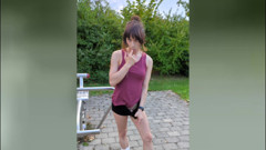 Outdoor Workout with Vibrator for Ass and Cock! Tranny Cums Straight Into Her Shorts!