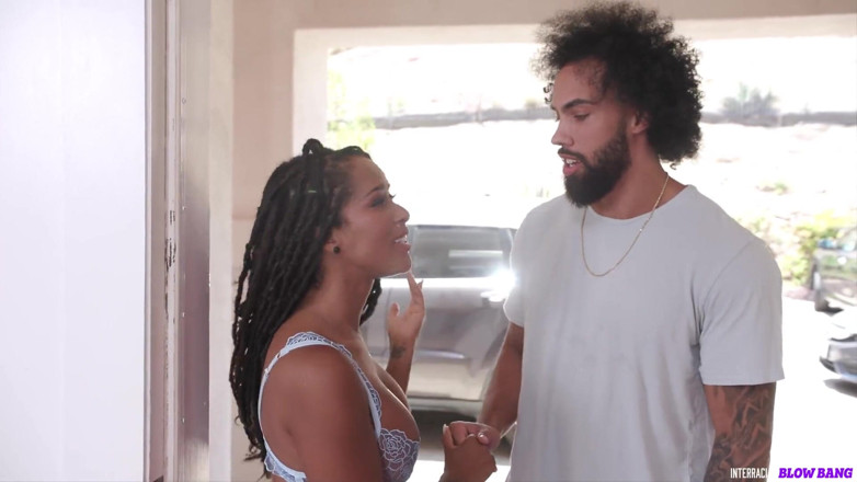 Interracial Blowbang: Interracial blowbang - cali sweets gots her morning protein in blowbang!