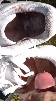 Twink Jerks off His Cock, Squirts Cum in Dirty Smelly Shoes, Into White Sneakers