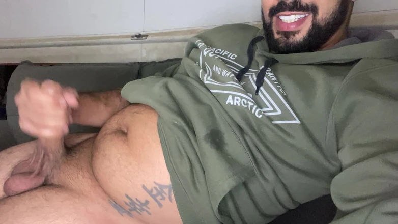 Licking me with pleasure: Bearded big cock jerking off and smearing himself with cum