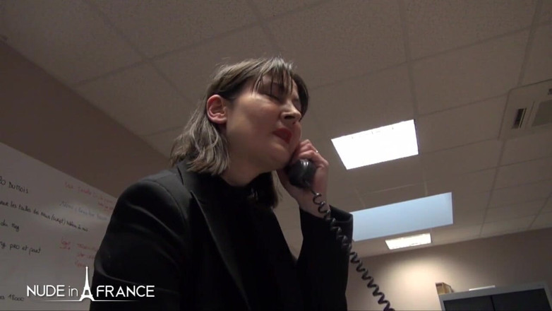 Nude in France: Uptight brunette gets dirty at the office