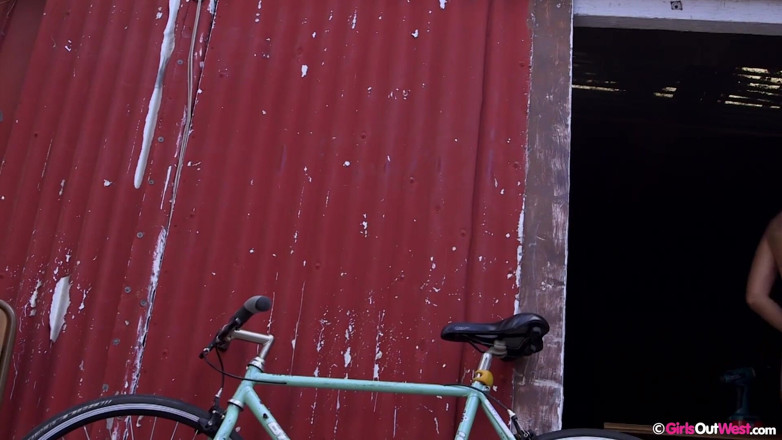 Girls Out West: Hairy blonde bike mechanic with small tits masturbates using sex...