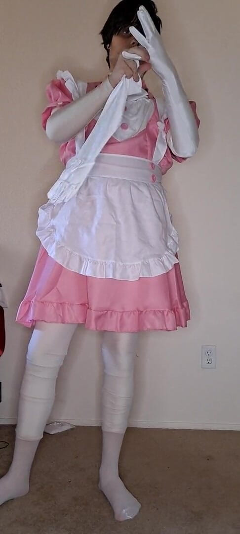 Pup Zentai: Pink spandex maid dress up