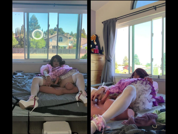 Sissy Candy: Pembe saten kadın kılıklı hizmetçi kilitliyken seks bebeği oyuncağına biniyor