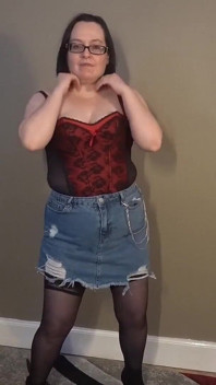 Striptease in Denim Skirt Basque Stockings and Heels