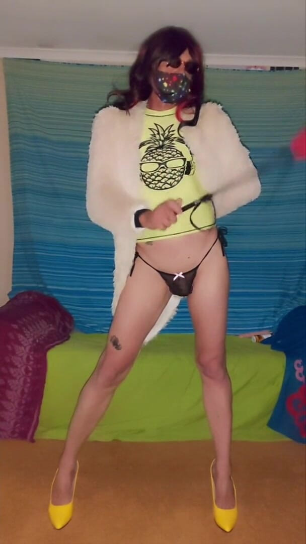 Lizzaali: Scene 1 of red top black fishnet pantyhose and fur coat...