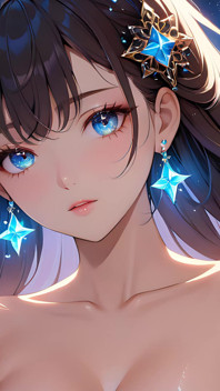 コズミック・セレニティ:頬に星屑をつけた美しい若い女性