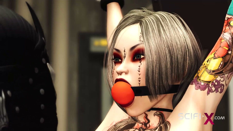 SciFi-X: Awek disumbat ballgagged dikongkek oleh wanita bertokol hitam