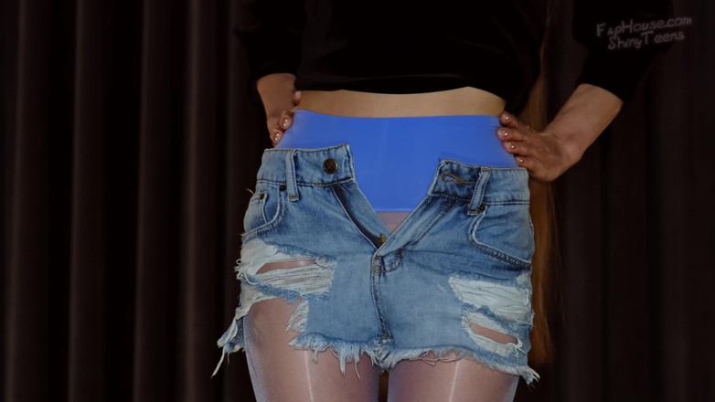 Shiny teens: 887 Glänzendes Blau, nahtlose strumpfhosen und jeansshorts