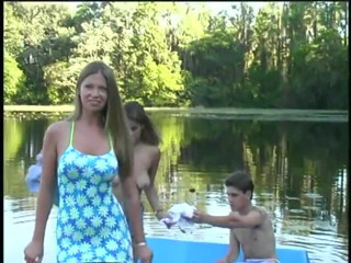 Hot Sex Party: Girl with nice breasts fucks hard next to the lake
