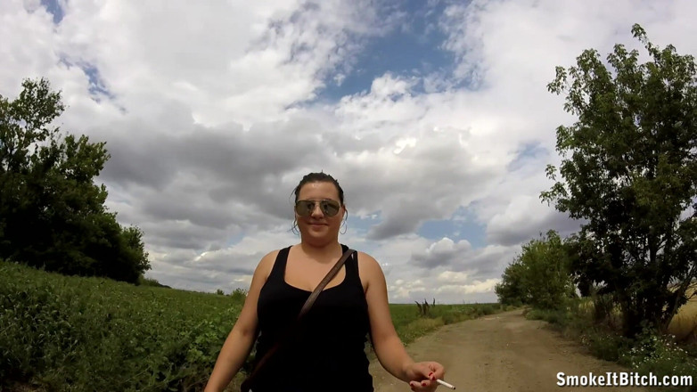 Smoke it bitch: Big tits Rose walking outdoor and smoking cigarette