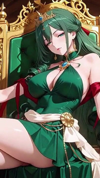 Reine verte sur le trône d’or ! Séduction paresseuse dans une robe de soie, quels secrets cachent en dessous ?