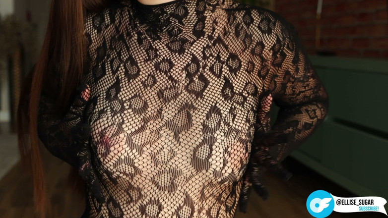 Ellise Sugar: I'm Posing in a Black Fishnet Bodysuit and Heels, Pleasuring...