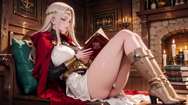 Tay Swift X: Languid Reading in a Gothic Library, White Robe and Red...