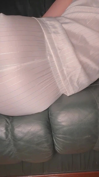GassyKat: Farting in White Satin Pajama on Green Leather Sofa
