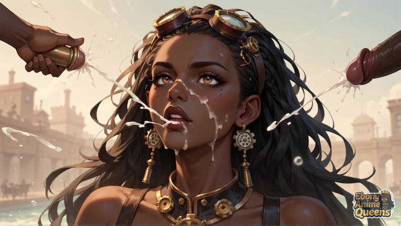 Ebony Anime Queens: La reine noire séduit avec desert oral, sexe steampunk.