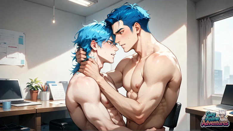 Gay Anime Adventures: Gigantyczny pop-potop! Niebieskowłose kulminacyjne biura to najlepsze gejowskie porno XXX!