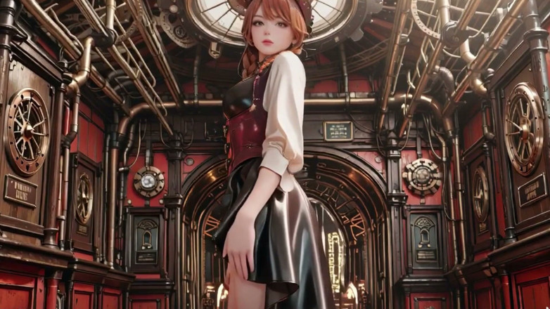 Seraphina Vale: ستيمبانك دوقة! فتاة ميكانيكية ذات شعر أحمر تثير في قاعة التروس.