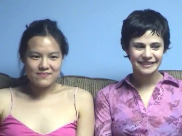 Girl on Girl: Asian with small tits spreads her tight pussy for dildo