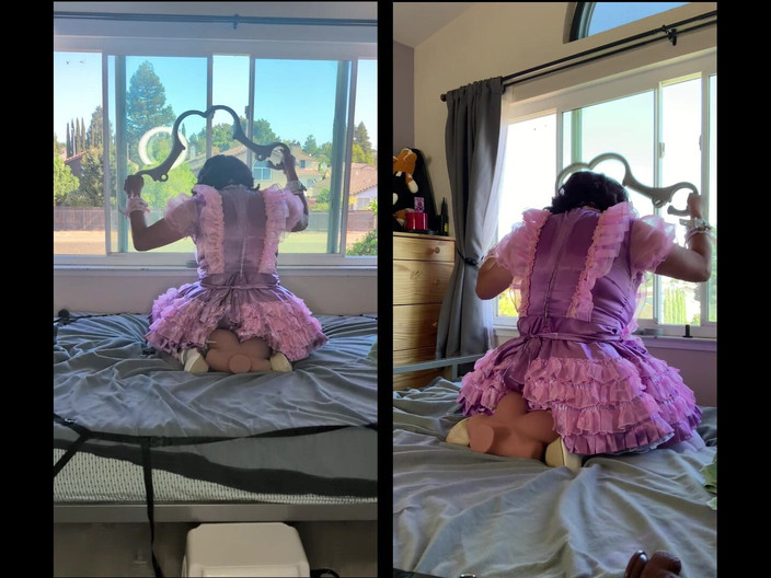 Sissy Candy: Người giúp việc phục tùng satin màu hồng cưỡi đồ chơi...