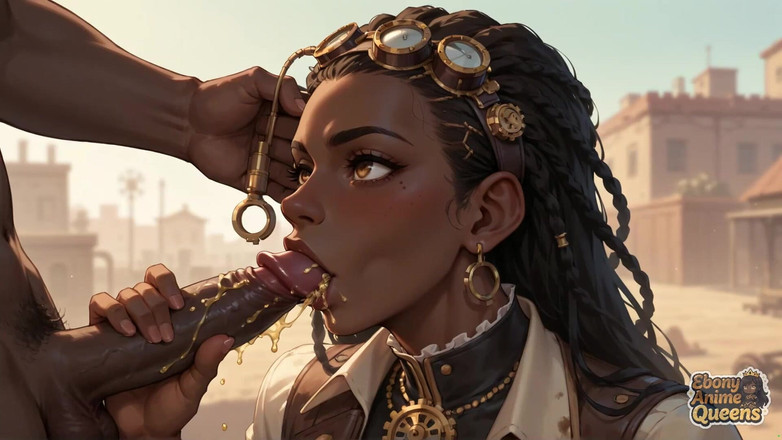 Ebony Anime Queens: Zwarte koningin verleidt met oraal in de woestijn, steampunk-seks.
