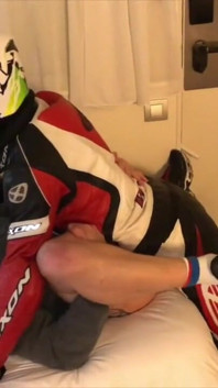 Humiliation at the hotel with fetish outfits biker