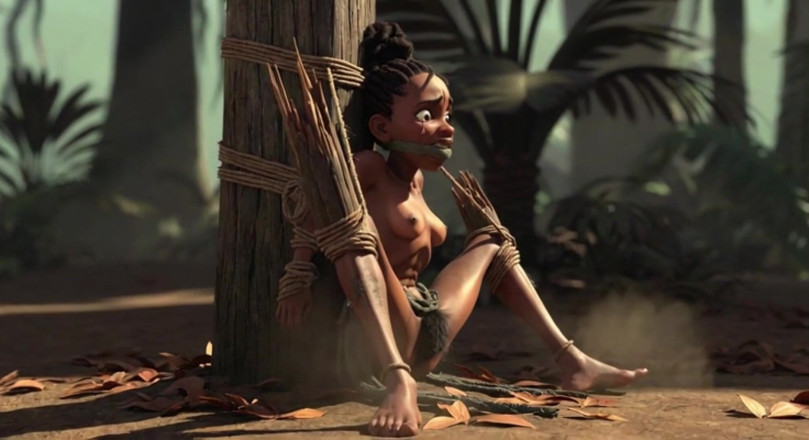 Anime Hentai: African Girl Bound in Rope Bondage - Hairy Wet Pussy Craving...