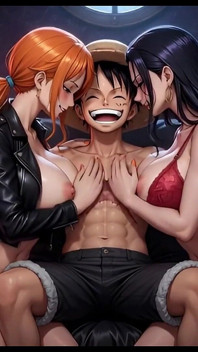 Nami en Robin in trio met Luffy - natte kussen en glanzende borsten