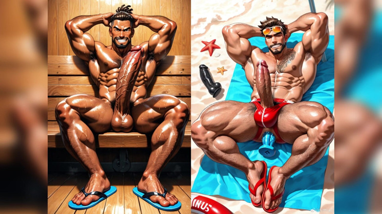 AI gay porn: Un fusto ed un grande cazzo scopano con un dildo