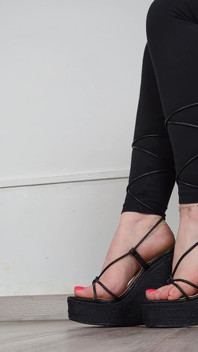 (663) Shoe Collection: Lace up Black Wedge Sandals - Dame Olga