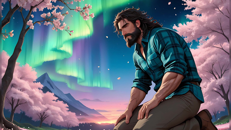 LustMen: Robuste Outdoor-Männer knien im Zen-Garten bei Dawn mit Cherry Blossoms