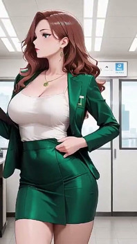 Green Suit & Red Hair! the Lazy Office Secretary. Leaning, Teasing, and Those Wet Eyes... Who Can Handle Her?