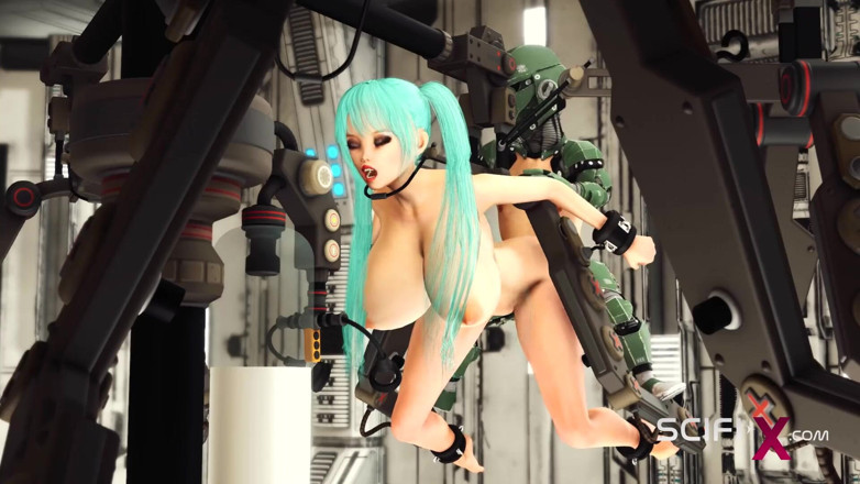 SciFi-X: 宇宙飞船上的性爱。戴着袖口的太空丰满女孩在实验室里被性爱机器人狠操