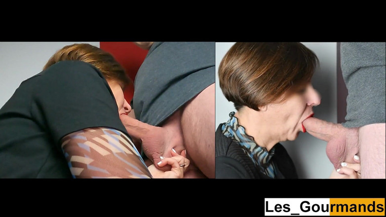 Les Gourmands: Tante seksi dengan lipstik merah lagi asik nyepong kontol besar...