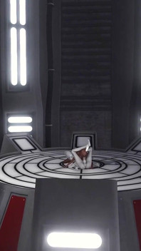 Sexy sci-fi female alien plays with a black girl in the space station