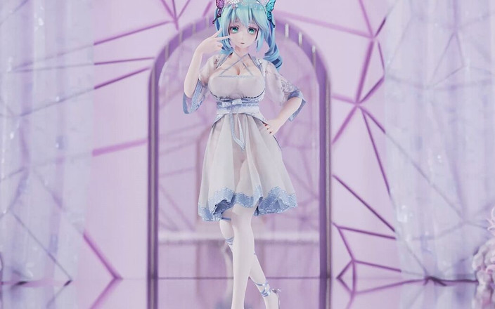 MikuMotion: [mmd]미쿠-퀸카드 우아한 흰색 실크 드레스 스트립티즈, 큰 가슴