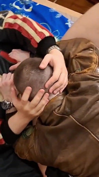 Two Big Russian Guys Using the Mouth of a Fetishist Guy in a Leather Jacket